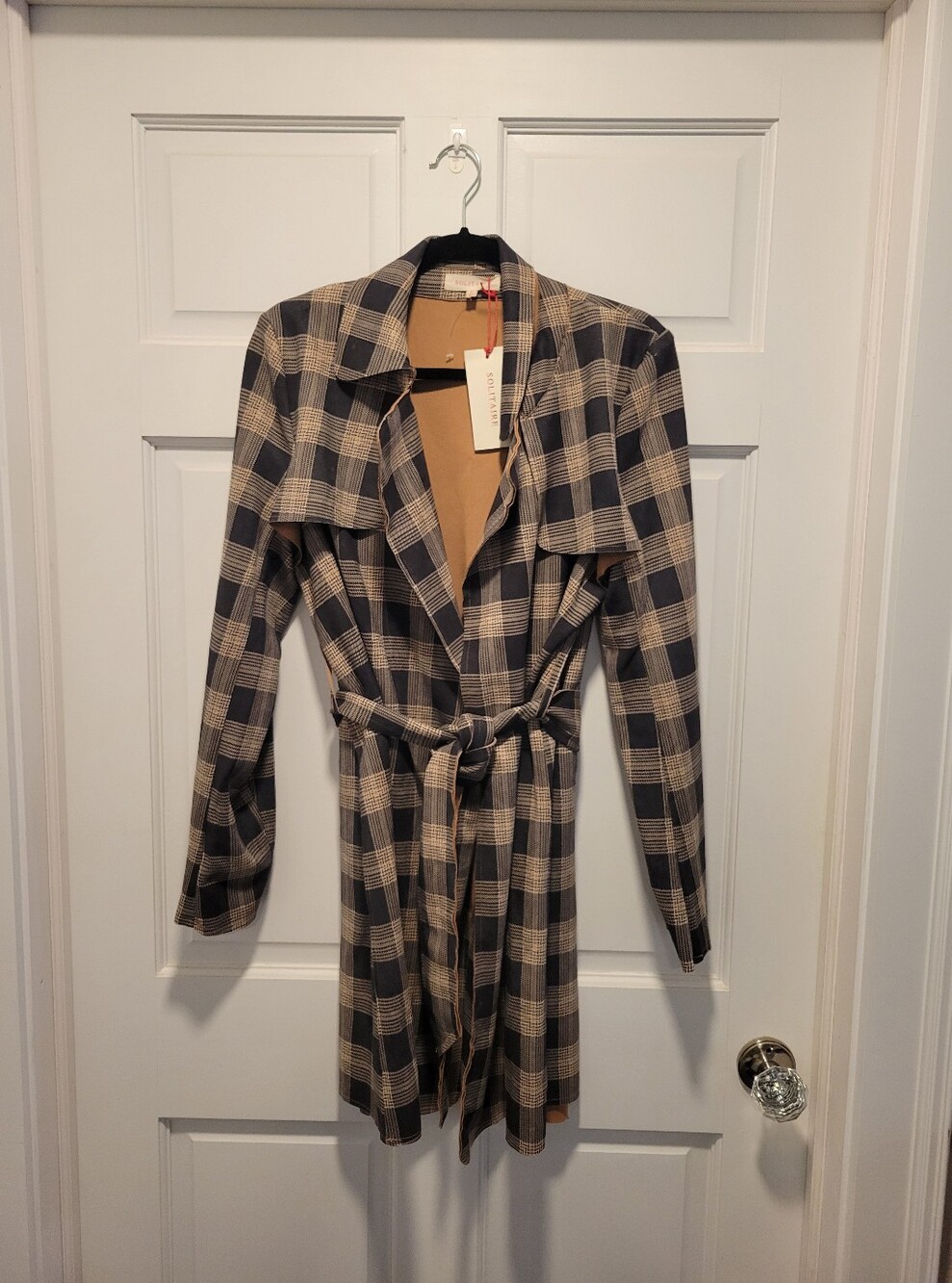 NWT Solitaire Soft Faux Suede Plaid Trench Coat Jacket - Large